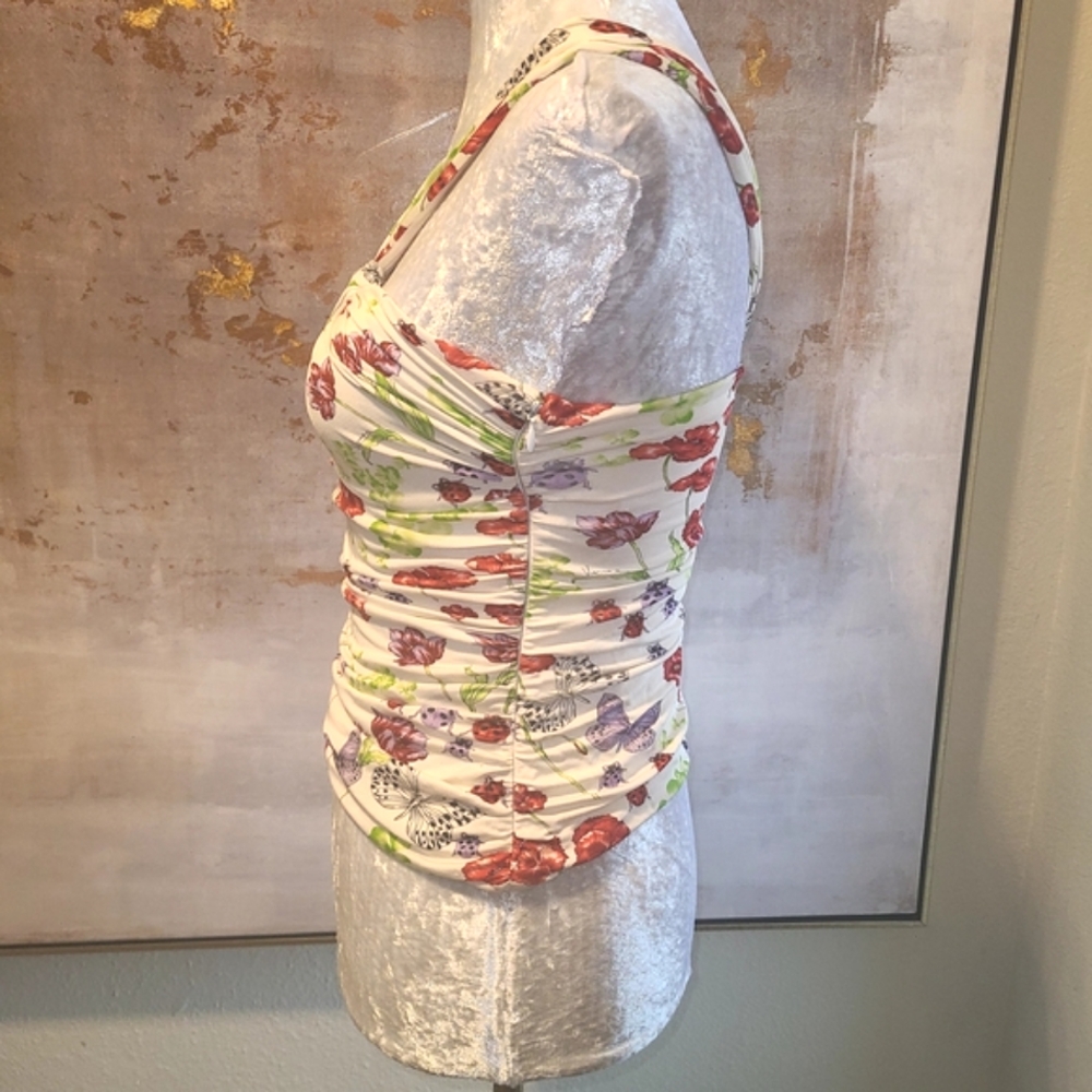 Vintage Versace White and Red Floral Ruched Fitted Tank Top - Picture 3 of 9